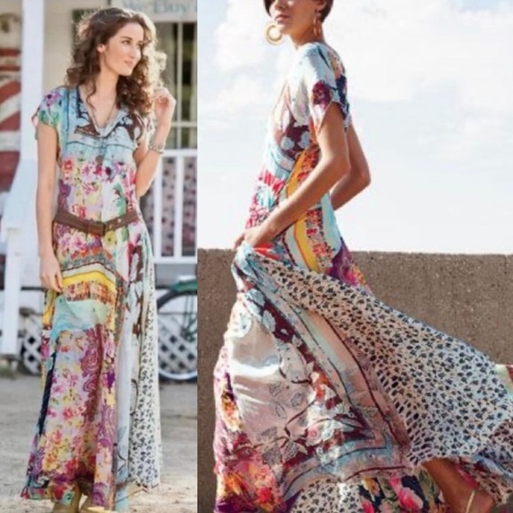 Johnny Was Dresses & Skirts - Johnny Was XS Maxi Dress 100% Silk Floral Patchwork Bohemian‎ Resortcore